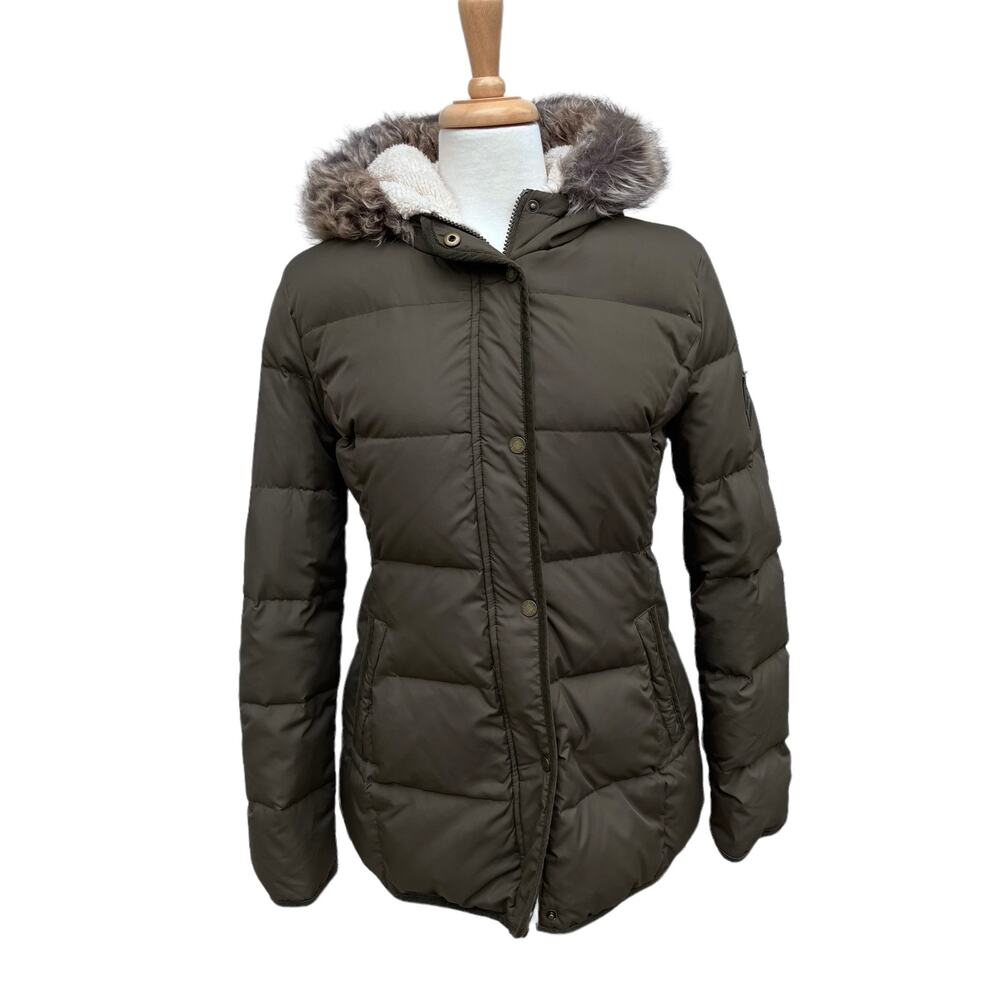 Lauren Ralph Lauren Olive Green Hooded Puffer Coat with Faux Fur Trim